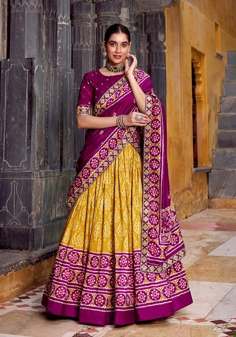Mustard Ikkat Print Silk Blend Lehenga Set