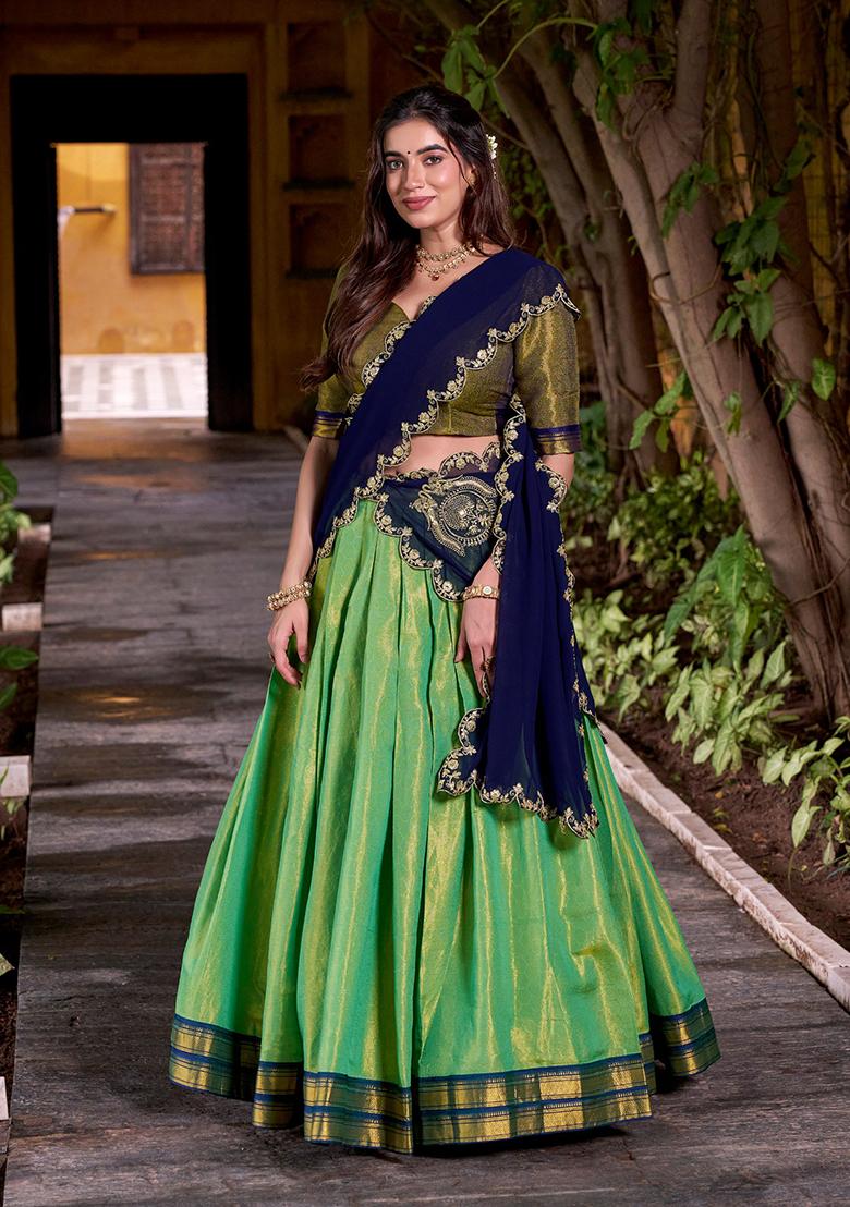 Blue Zari Work Silk Blend Lehenga Set - Indya