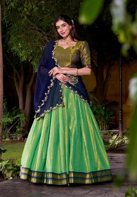 Blue Zari Work Silk Blend Lehenga Set