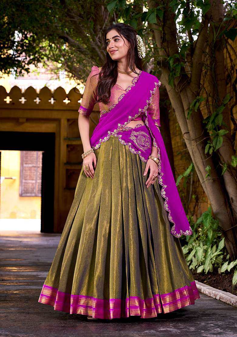 Pink Silk Blend Lehenga Set with Zari Work for Diwali | Wedding & Festive Wear - Indya