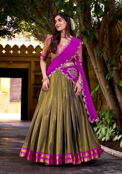 Pink Zari Work Silk Blend Lehenga Set