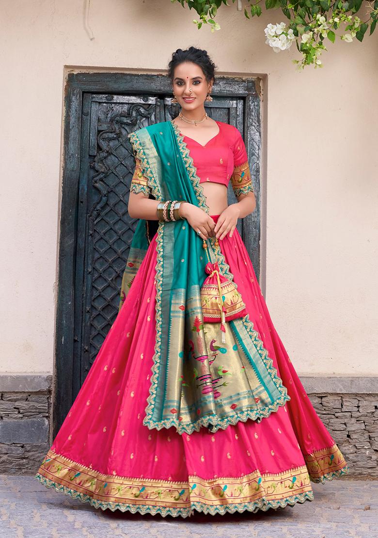 Pink Zari Work Silk Blend Lehenga Set - Indya