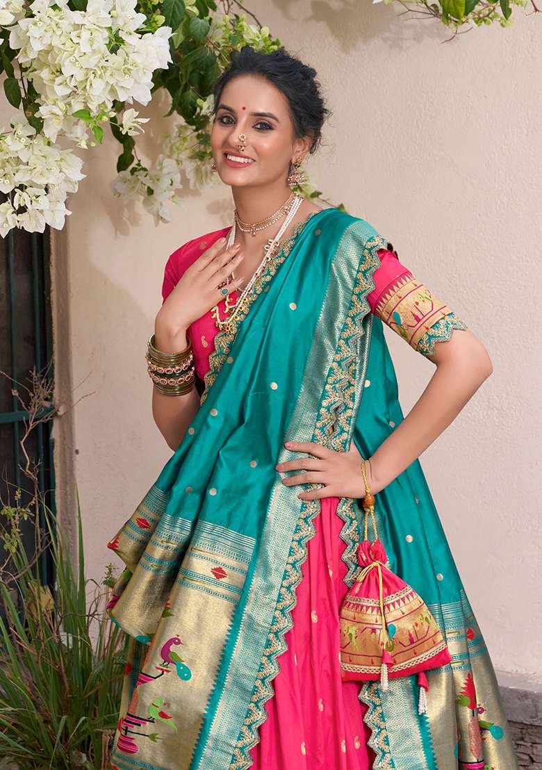 Pink Zari Work Silk Blend Lehenga Set for Diwali and Festive Wear - Indya