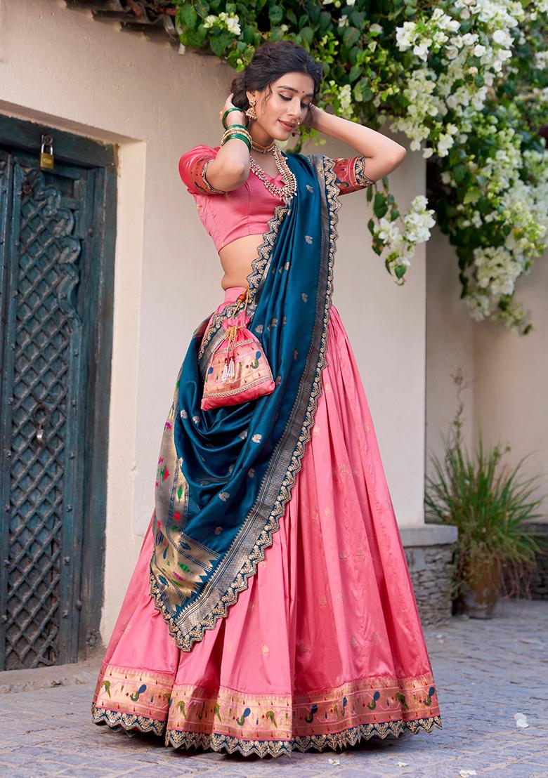 Pink Zari Work Silk Blend Lehenga Set - Indya