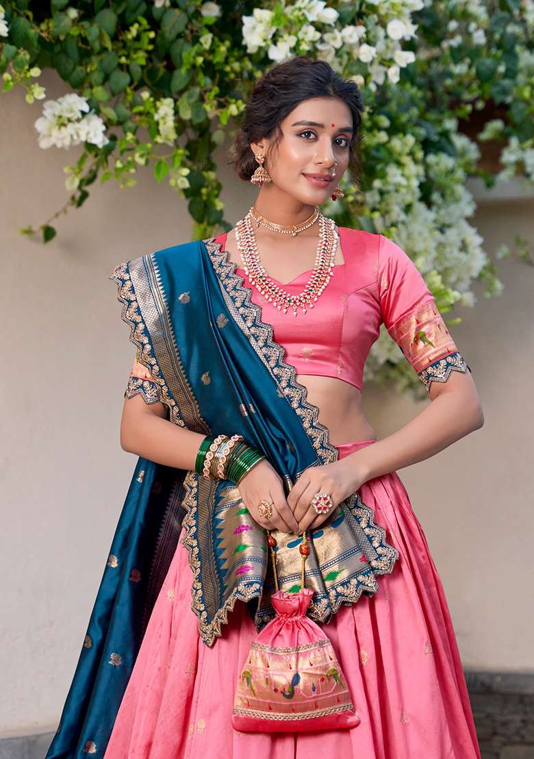 Pink Silk Blend Lehenga Set with Zari Work for Diwali | Wedding & Festive Wear - Indya