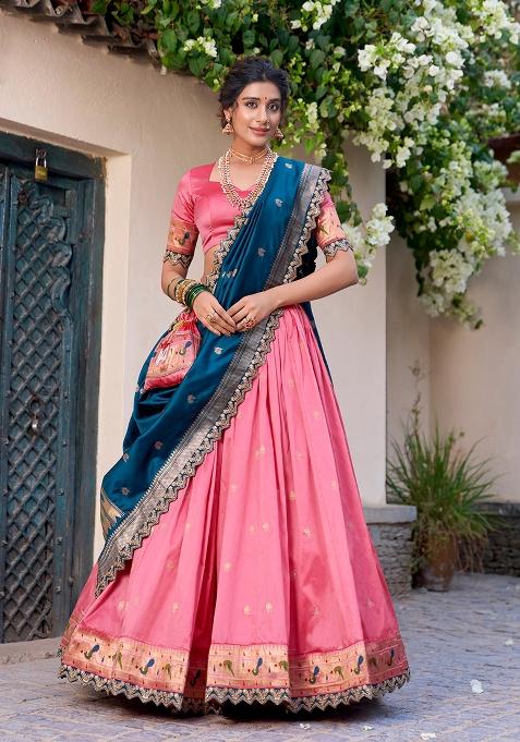 Pink Zari Work Silk Blend Lehenga Set