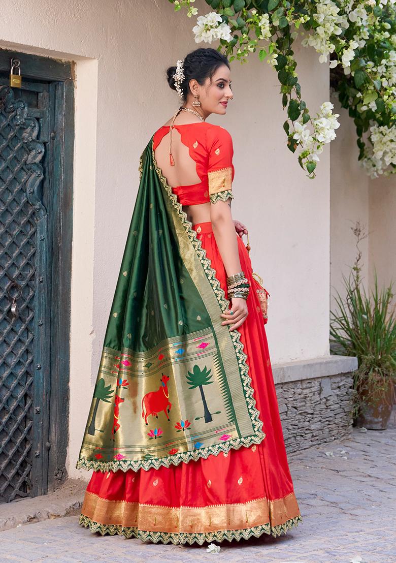 Red Zari Work Silk Blend Lehenga Set - Indya