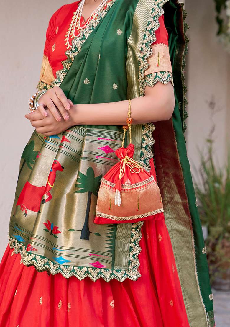 Red Zari Work Silk Blend Lehenga Set for Diwali and Festive Wear - Indya