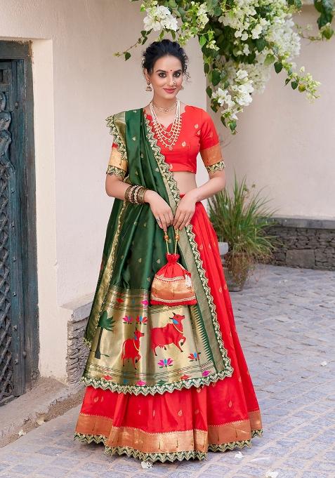 Red Zari Work Silk Blend Lehenga Set