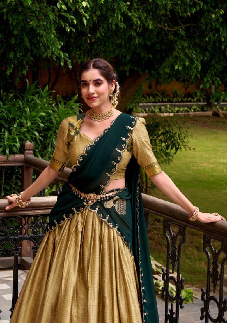 Cream Zari Work Poly Cotton Lehenga Set - Indya