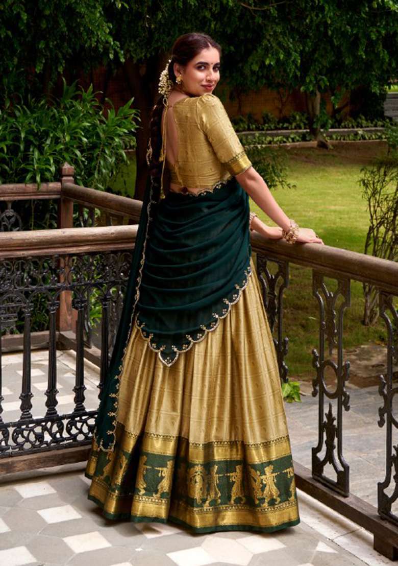 Cream Zari Work Poly Cotton Lehenga Set - Indya