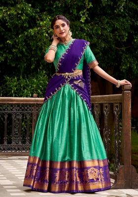 Green Zari Work Poly Cotton Lehenga Set