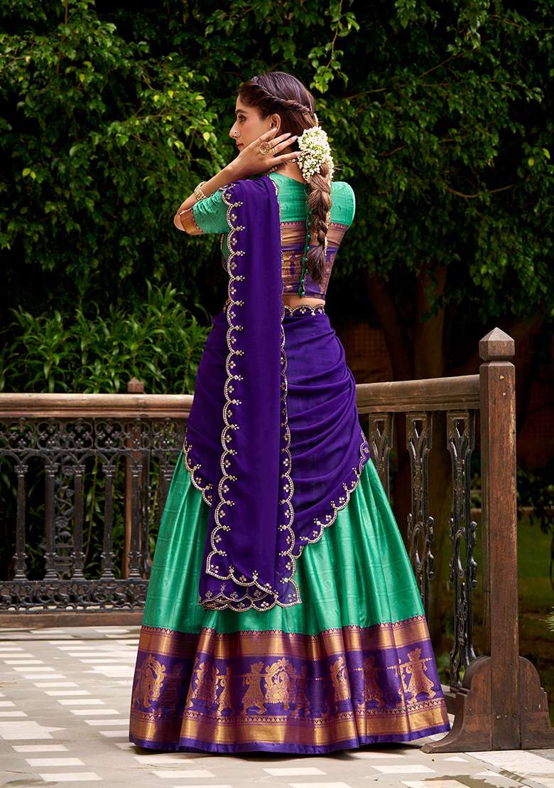Green Zari Work Poly Cotton Lehenga Set for Diwali and Festive Wear - Indya