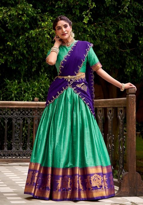 Green Zari Work Poly Cotton Lehenga Set