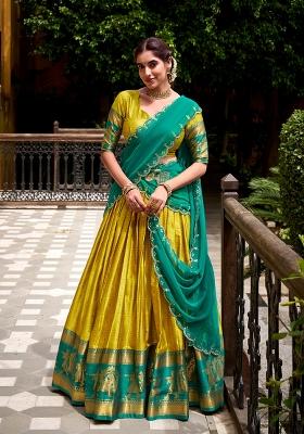 Yellow Zari Work Poly Cotton Lehenga Set