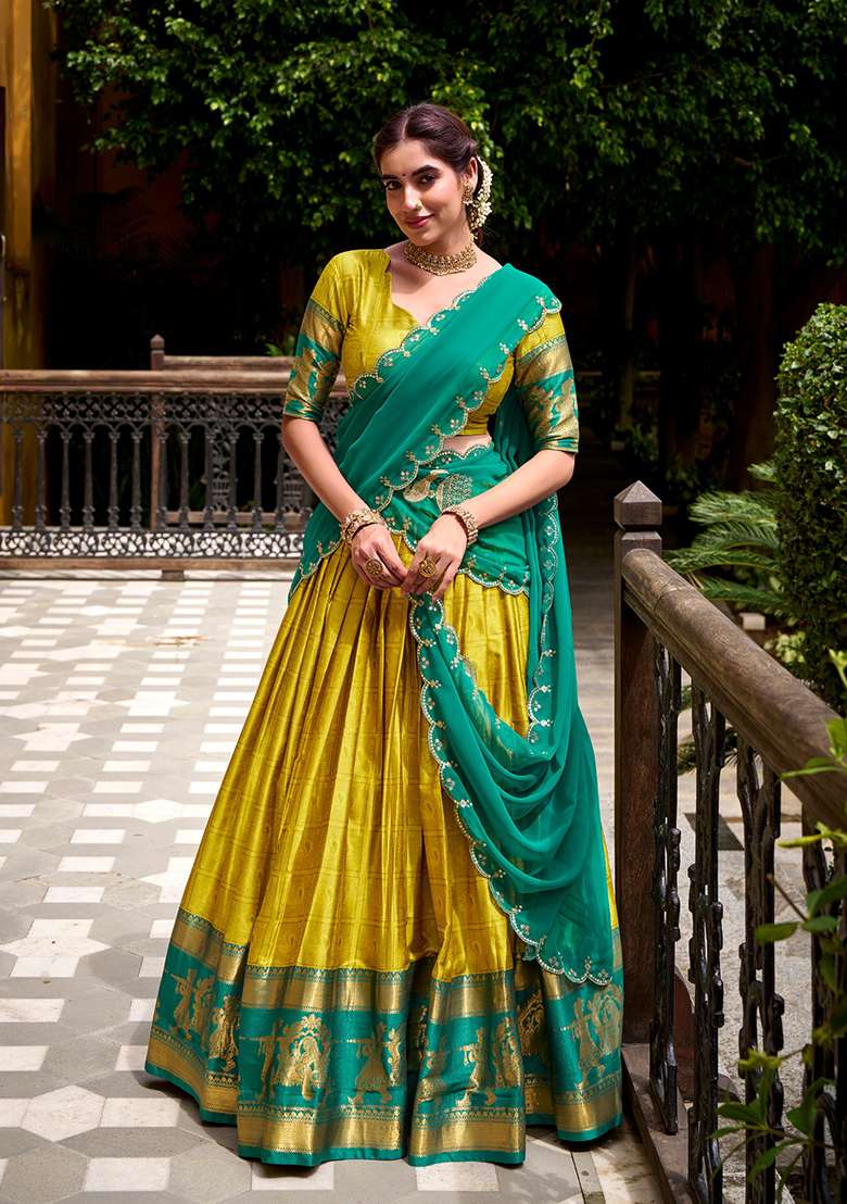 Yellow Zari Work Poly Cotton Lehenga Set for Diwali and Festive Wear - Indya