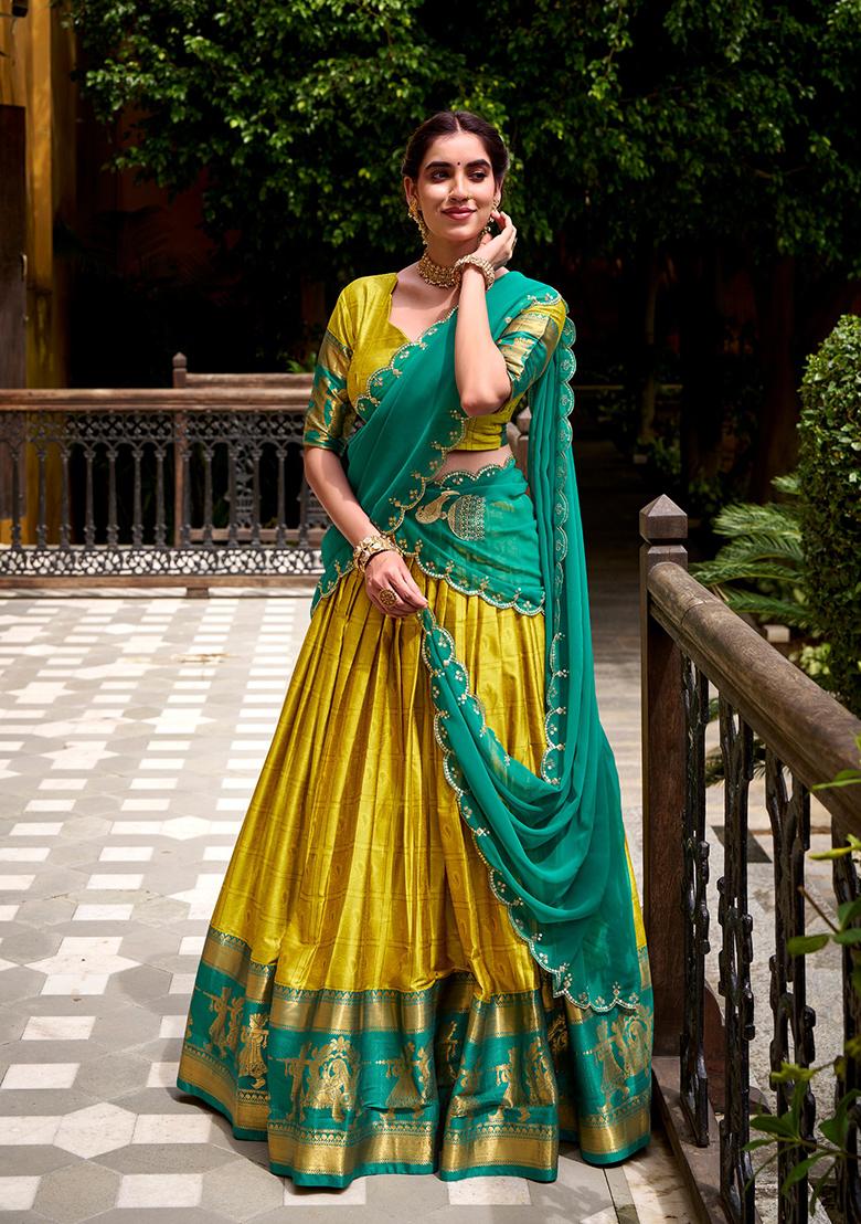 Yellow Zari Work Poly Cotton Lehenga Set - Indya