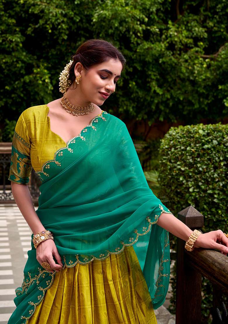 Yellow Zari Work Poly Cotton Lehenga Set for Diwali and Festive Wear - Indya