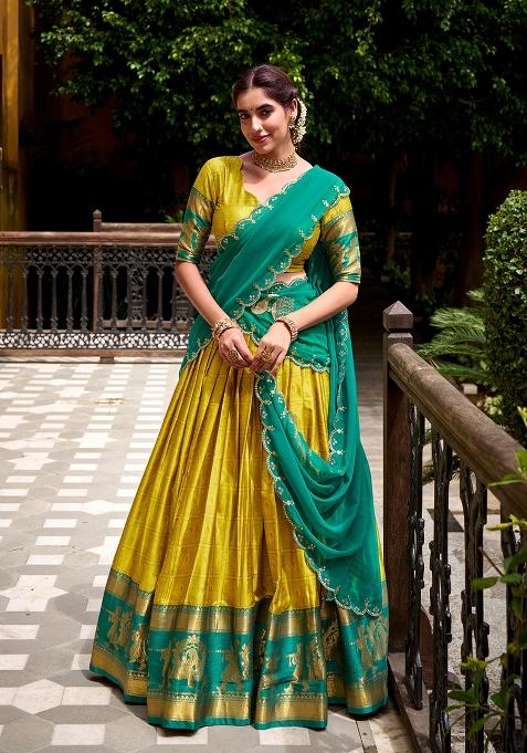 Yellow Zari Work Poly Cotton Lehenga Set