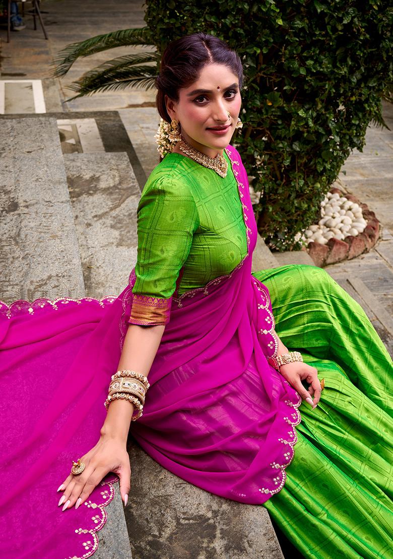 Parrot Green Zari Work Poly Cotton Lehenga Set - Indya