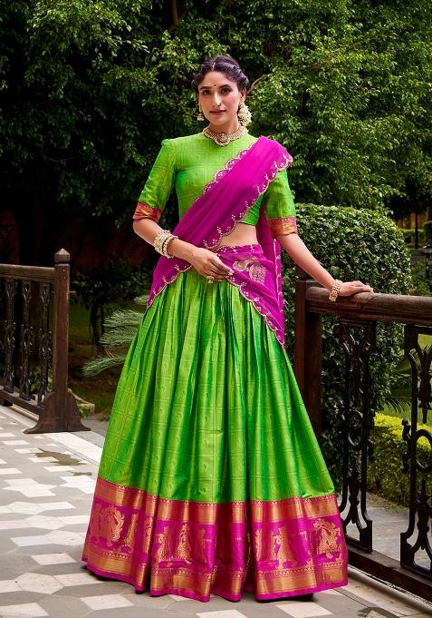Parrot Green Zari Work Poly Cotton Lehenga Set
