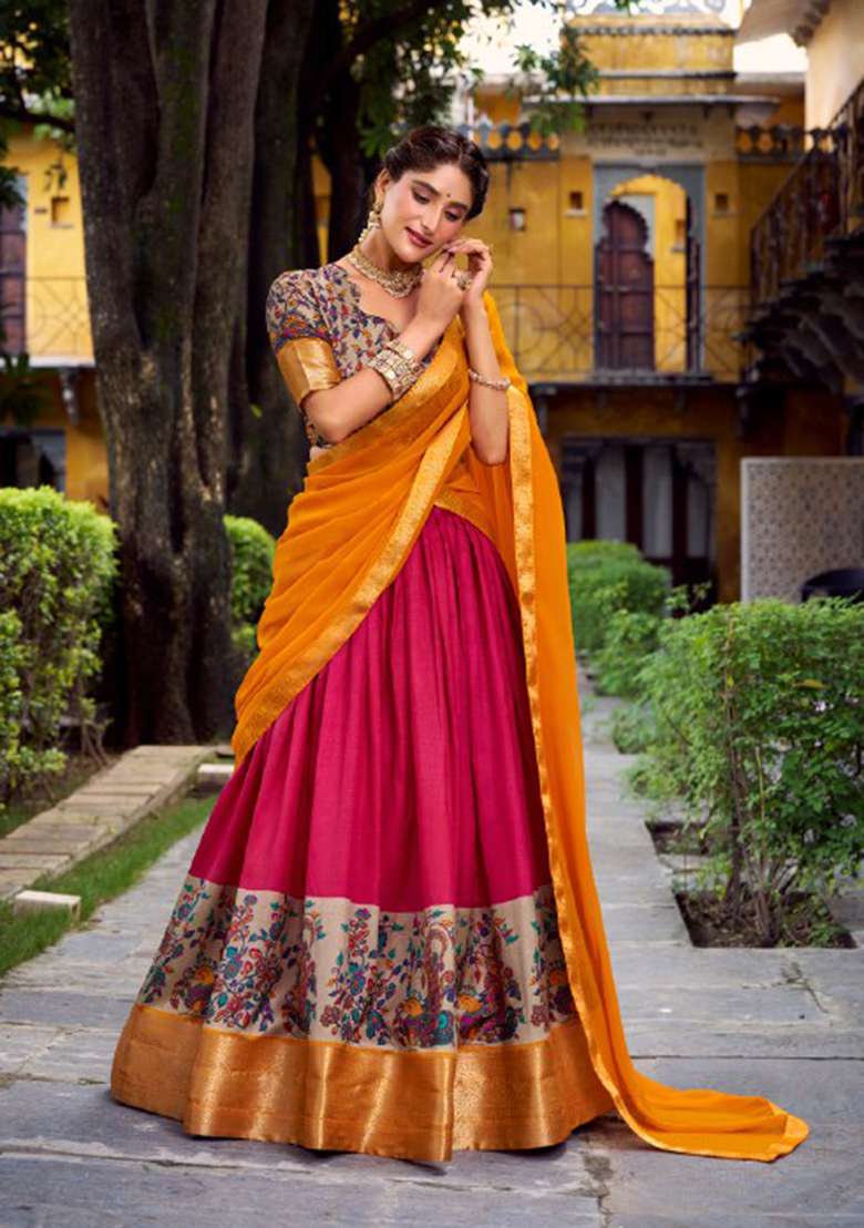 Pink Silk Blend Lehenga Set with Printed for Diwali | Wedding & Festive Wear - Indya