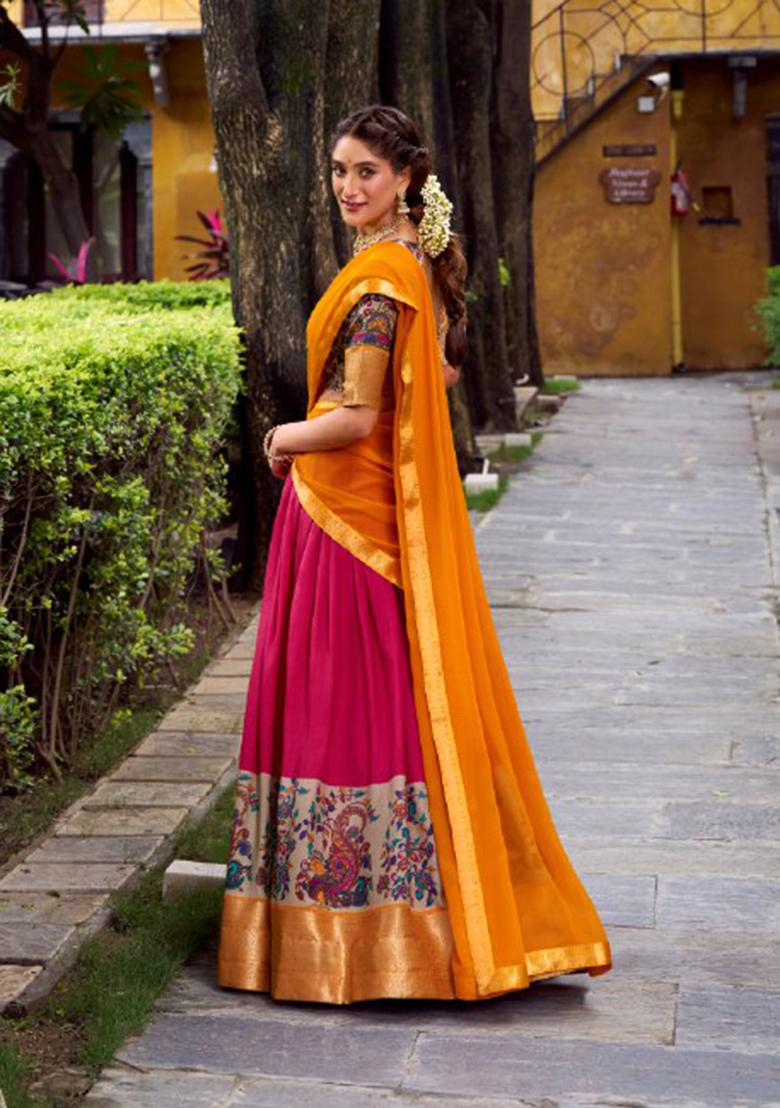 Pink Printed Silk Blend Lehenga Set - Indya