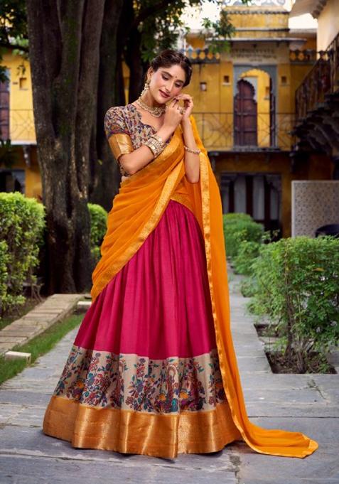 Pink Printed Silk Blend Lehenga Set