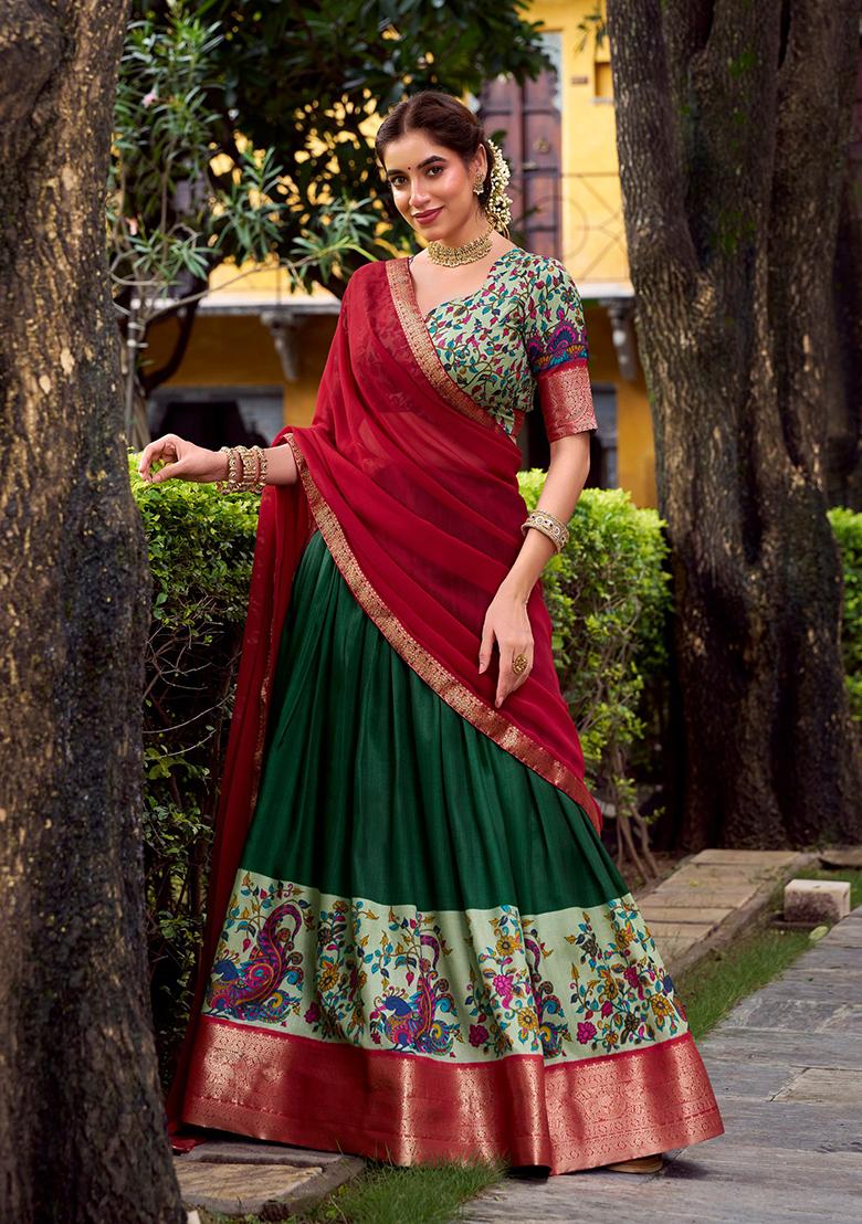 Green Printed Silk Blend Lehenga Set - Indya