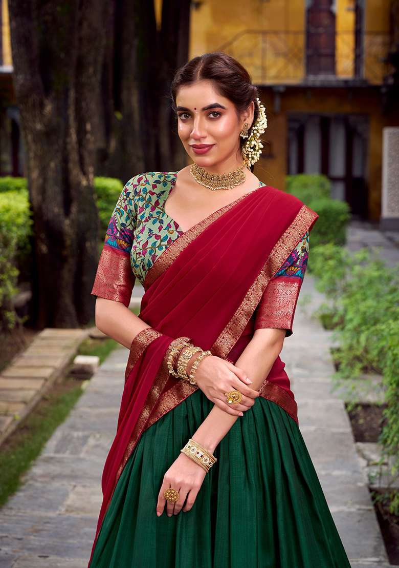 Green Printed Silk Blend Lehenga Set for Diwali and Festive Wear - Indya