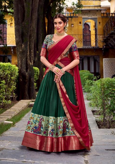 Green Printed Silk Blend Lehenga Set