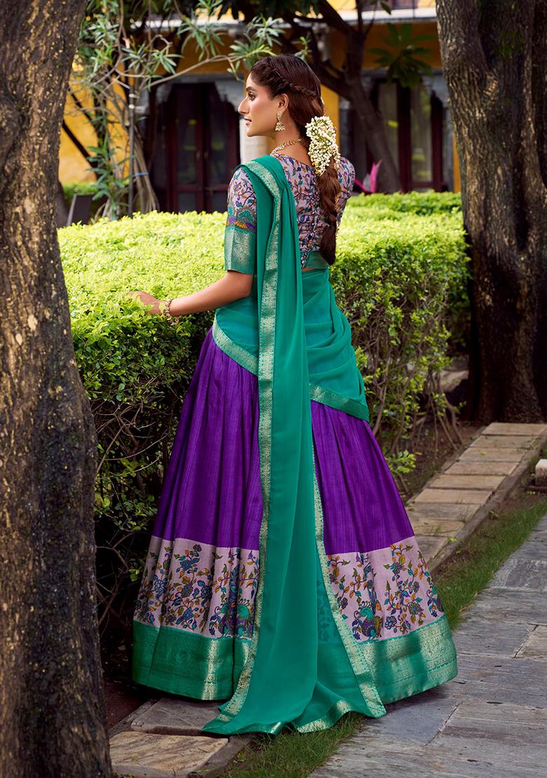 Purple Printed Silk Blend Lehenga Set - Indya