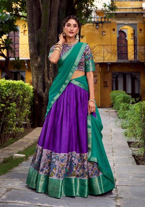 Purple Printed Silk Blend Lehenga Set