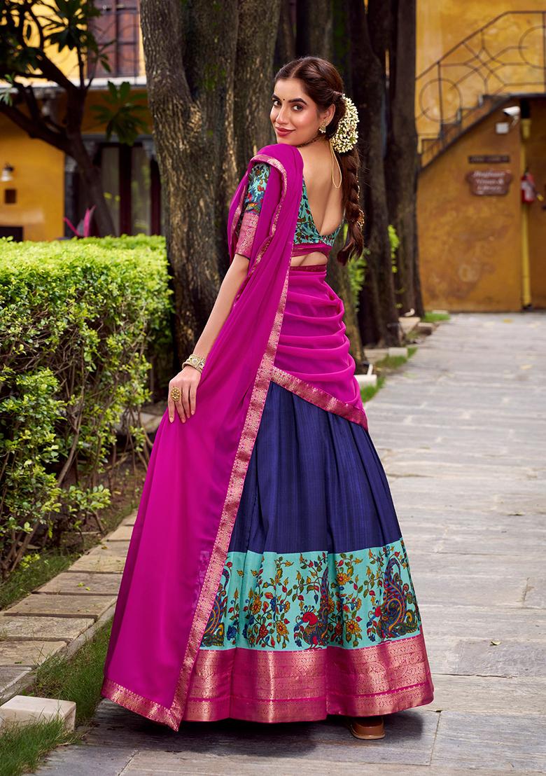 Blue Printed Silk Blend Lehenga Set - Indya
