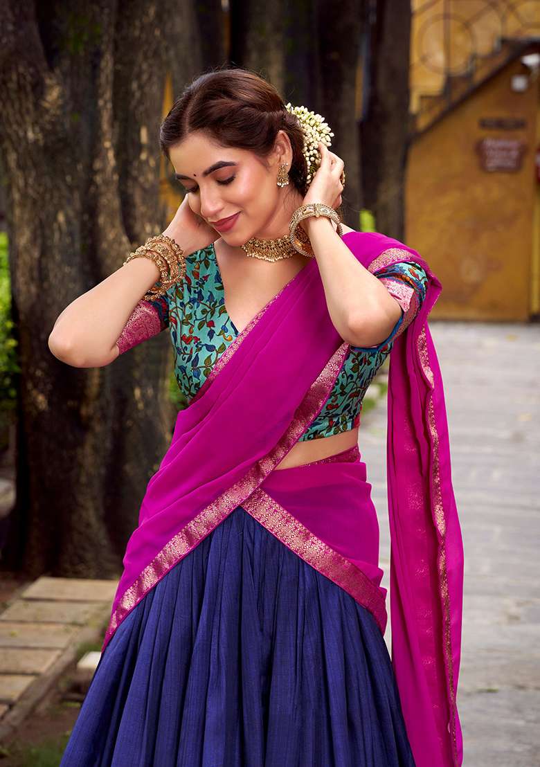 Blue Printed Silk Blend Lehenga Set for Diwali and Festive Wear - Indya
