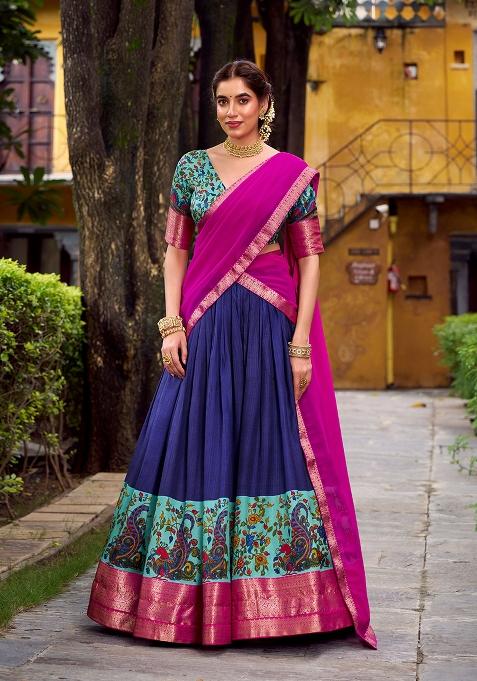 Blue Printed Silk Blend Lehenga Set