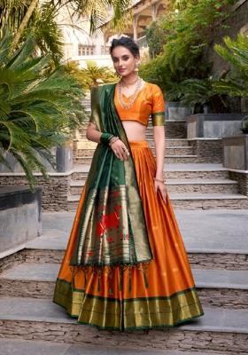 Orange Zari Work Silk Blend Lehenga Set