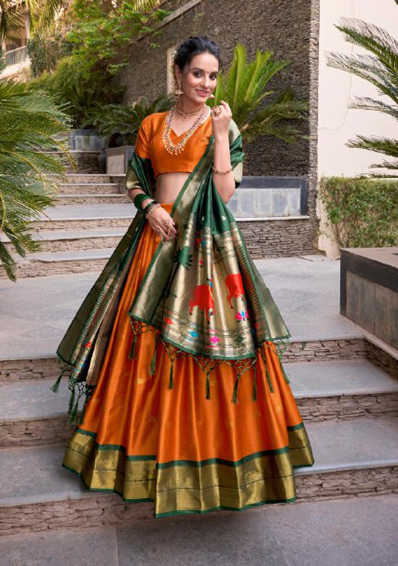 Orange Zari Work Silk Blend Lehenga Set - Indya