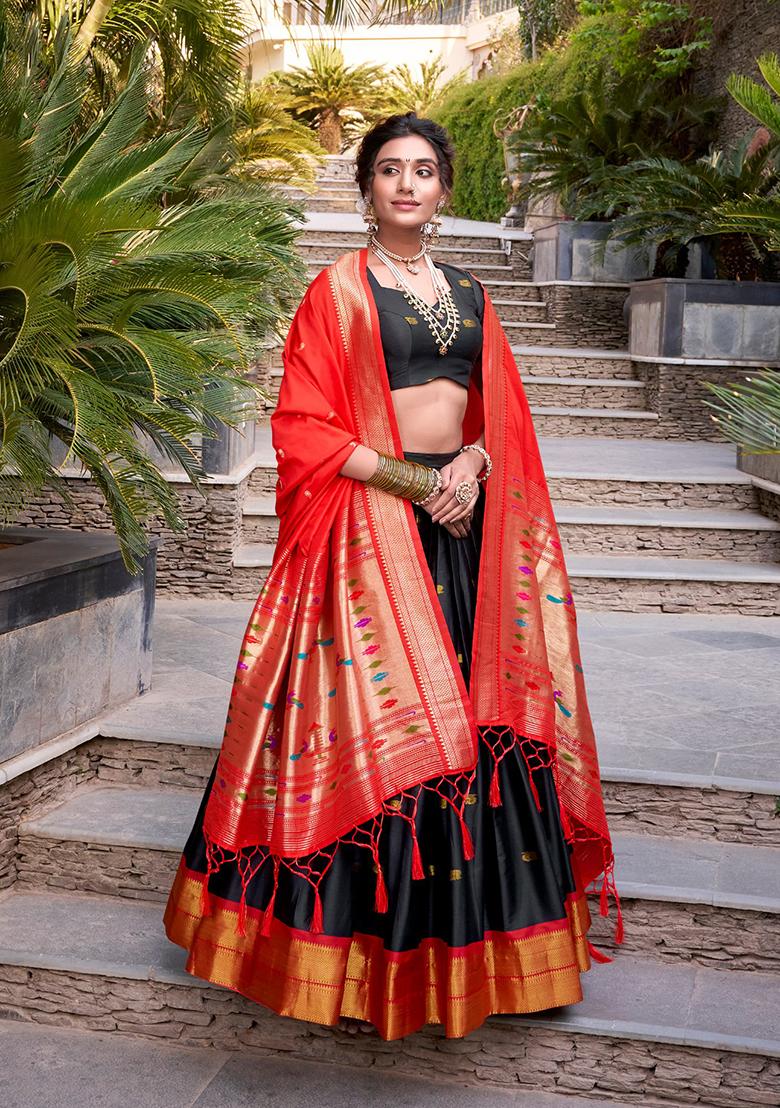Black Zari Work Silk Blend Lehenga Set - Indya