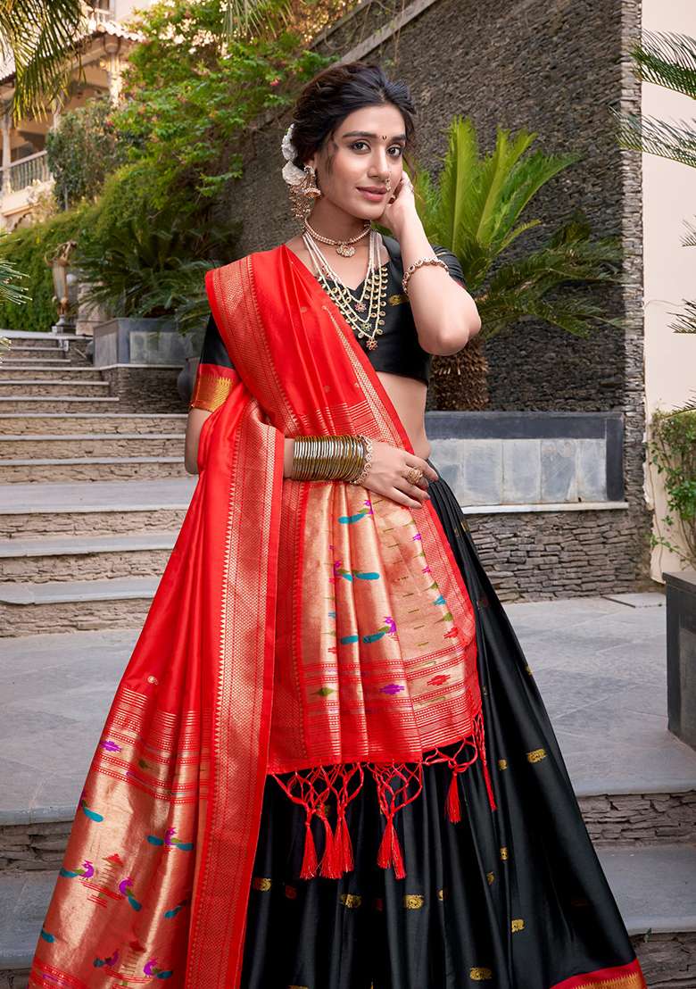 Black Zari Work Silk Blend Lehenga Set for Diwali and Festive Wear - Indya