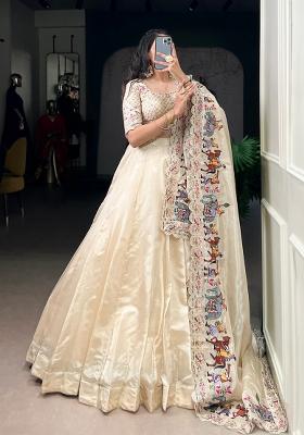 Off White Solid Blended Lehenga Set