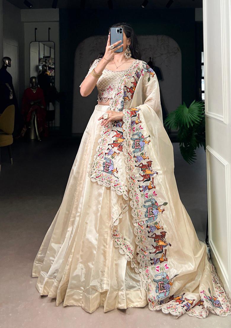 Off White Solid Blended Lehenga Set - Indya
