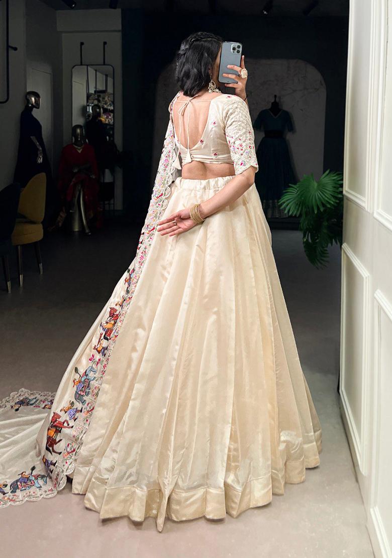 Off White Solid Blended Lehenga Set - Indya