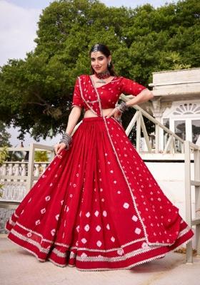 Red Printed Chanderi Lehenga Set