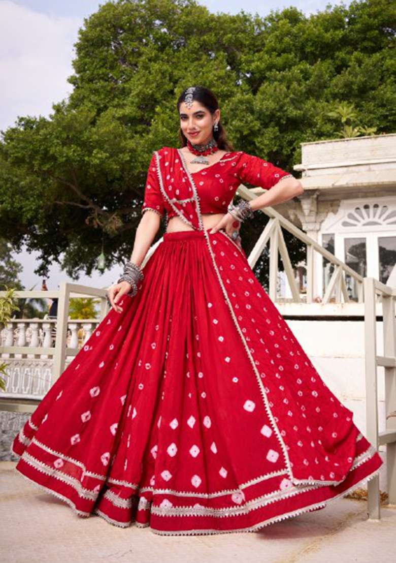 Red Chanderi Lehenga Set with Printed for Diwali | Wedding & Festive Wear - Indya