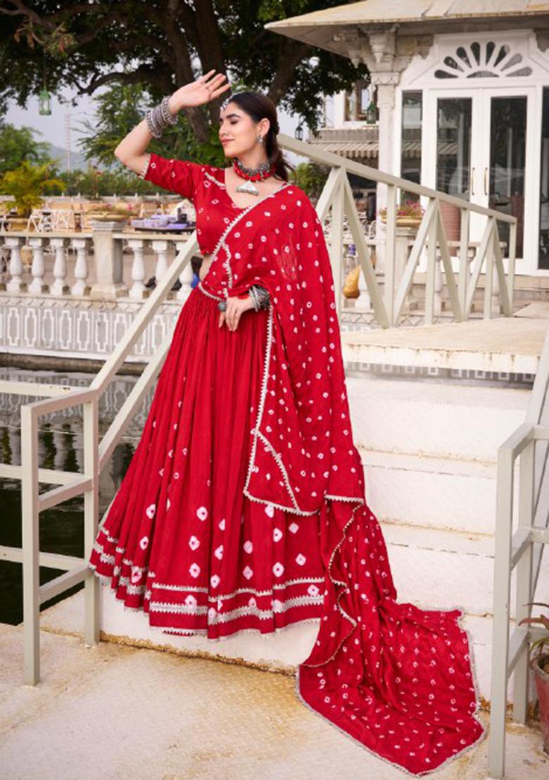 Red Printed Chanderi Lehenga Set - Indya