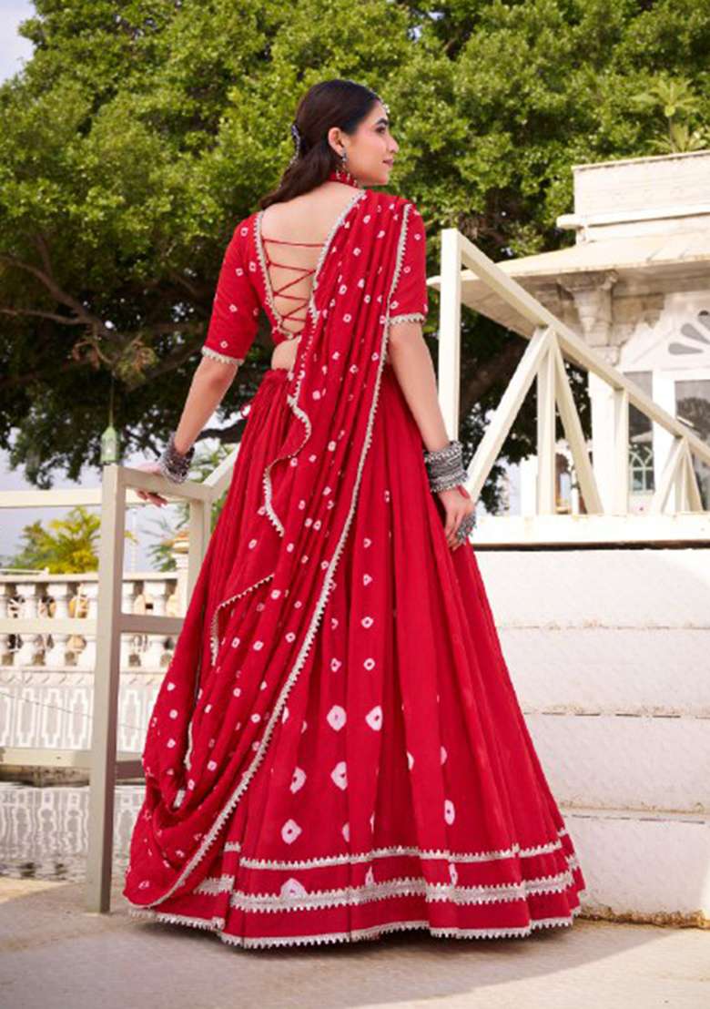 Red Chanderi Lehenga Set with Printed for Diwali | Wedding & Festive Wear - Indya
