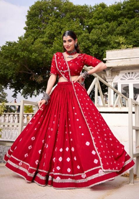 Red Printed Chanderi Lehenga Set