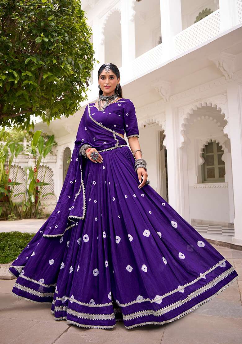 Purple Printed Chanderi Lehenga Set - Indya