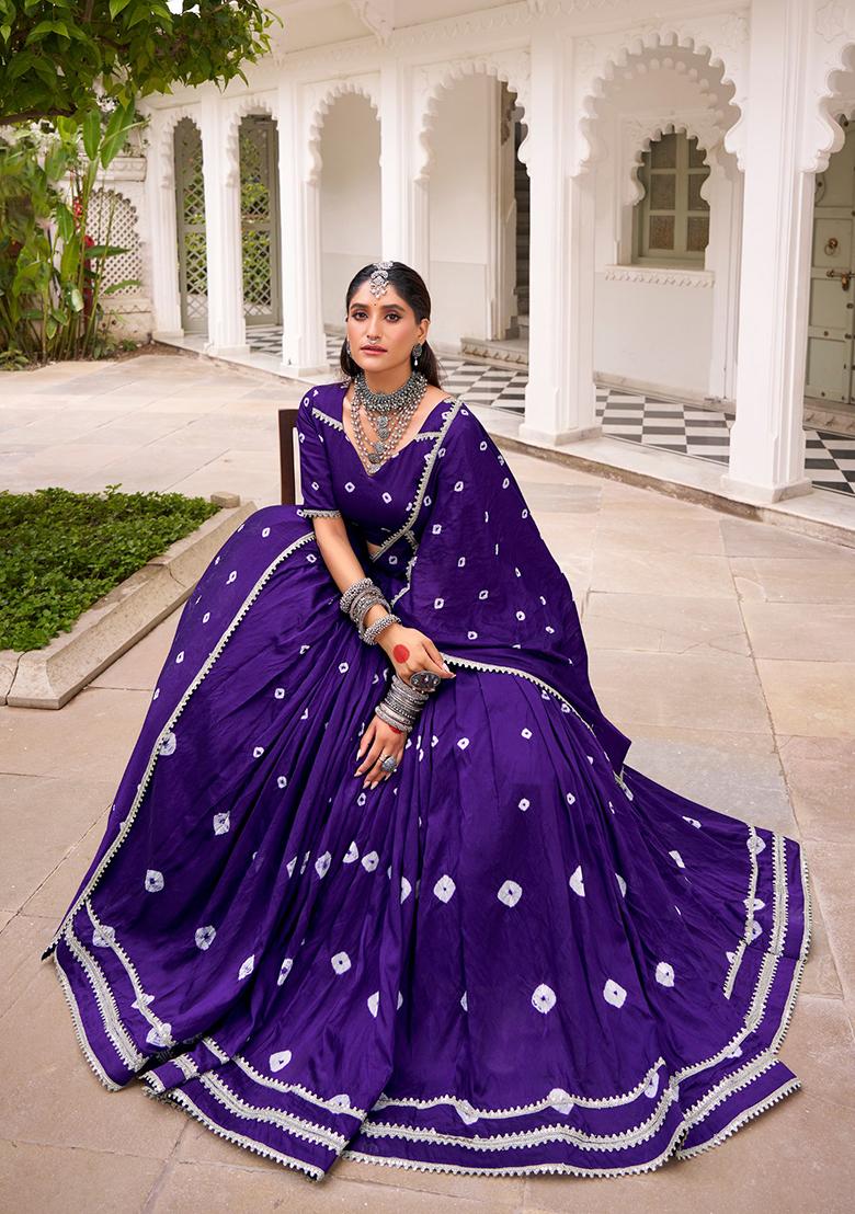 Purple Printed Chanderi Lehenga Set - Indya